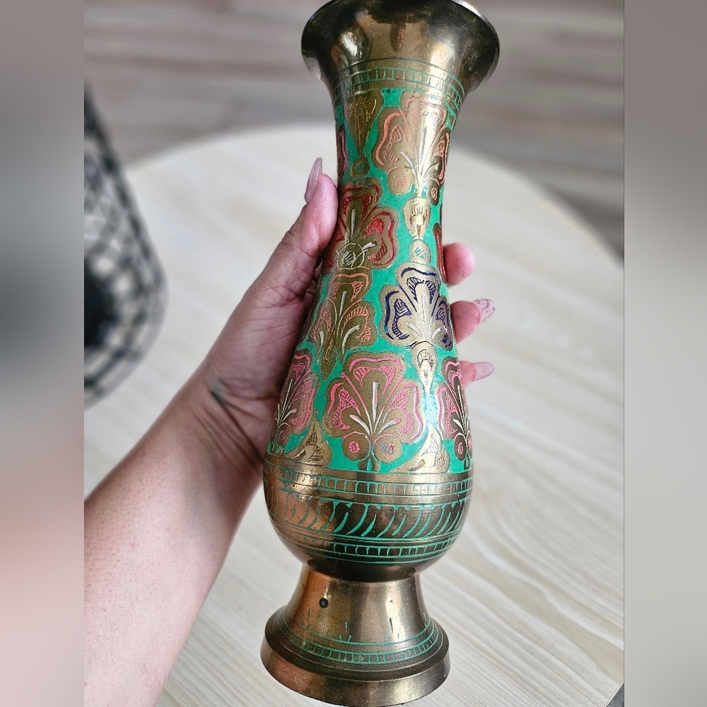 Antique Decorative Brass Floral Vase 9" - Picture 2 of 10